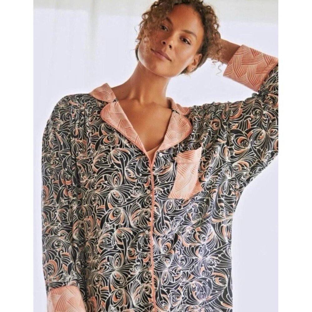Anthropologie‎ Mix Print Pajama Top XXS Black women’s button up